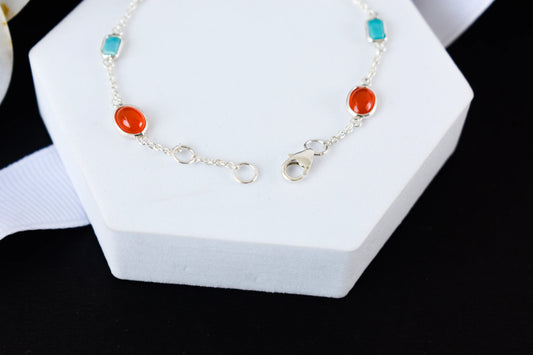 925 silver bracelet with bezel-set carnelian and turquoise cabochons and lobster clasp