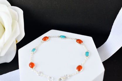 925 silver bracelet with bezel-set carnelian and turquoise cabochons and lobster clasp