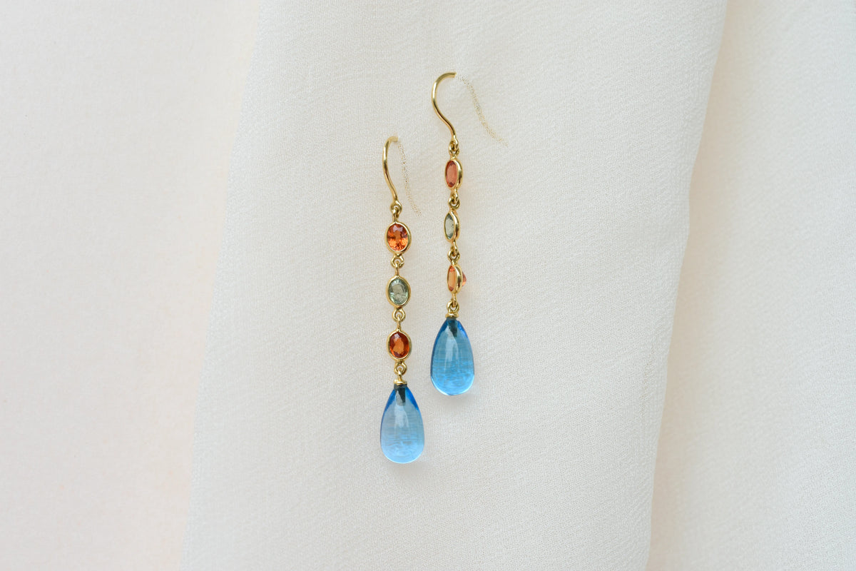 18K gold chain drop earrings with sapphire and blue topaz briolette