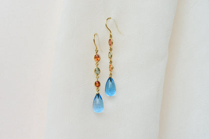 18K gold chain drop earrings with sapphire and blue topaz briolette
