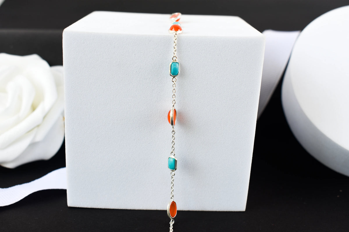 925 silver bracelet with bezel-set carnelian and turquoise cabochons and lobster clasp