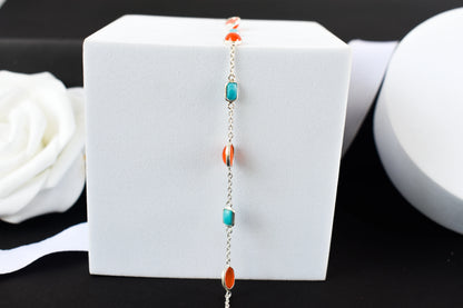 925 silver bracelet with bezel-set carnelian and turquoise cabochons and lobster clasp