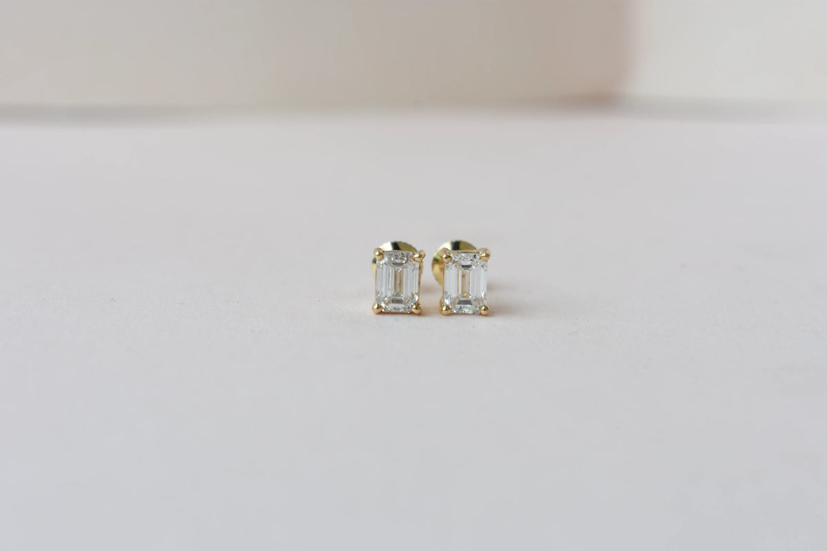 14K Yellow Gold Emerald Cut Lab Diamond Studs 0.86 CTW 4 Prong Basket Screw Back