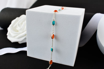 925 silver bracelet with bezel-set carnelian and turquoise cabochons and lobster clasp