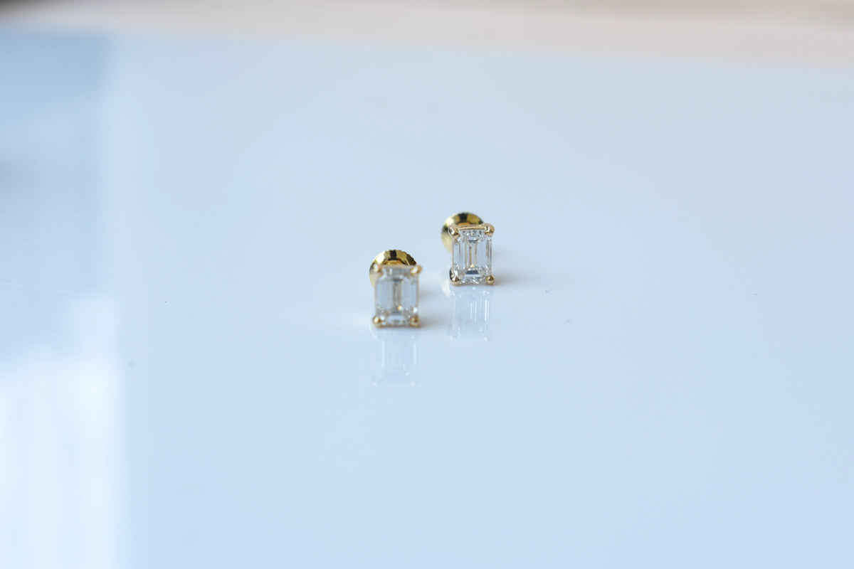 14K Yellow Gold Emerald Cut Lab Diamond Studs 0.86 CTW 4 Prong Basket Screw Back