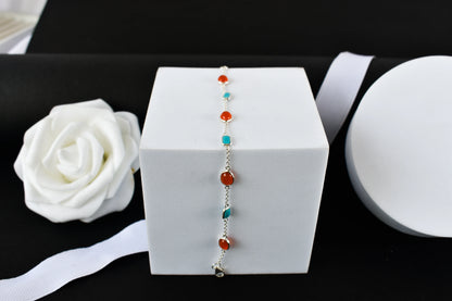 925 silver bracelet with bezel-set carnelian and turquoise cabochons and lobster clasp