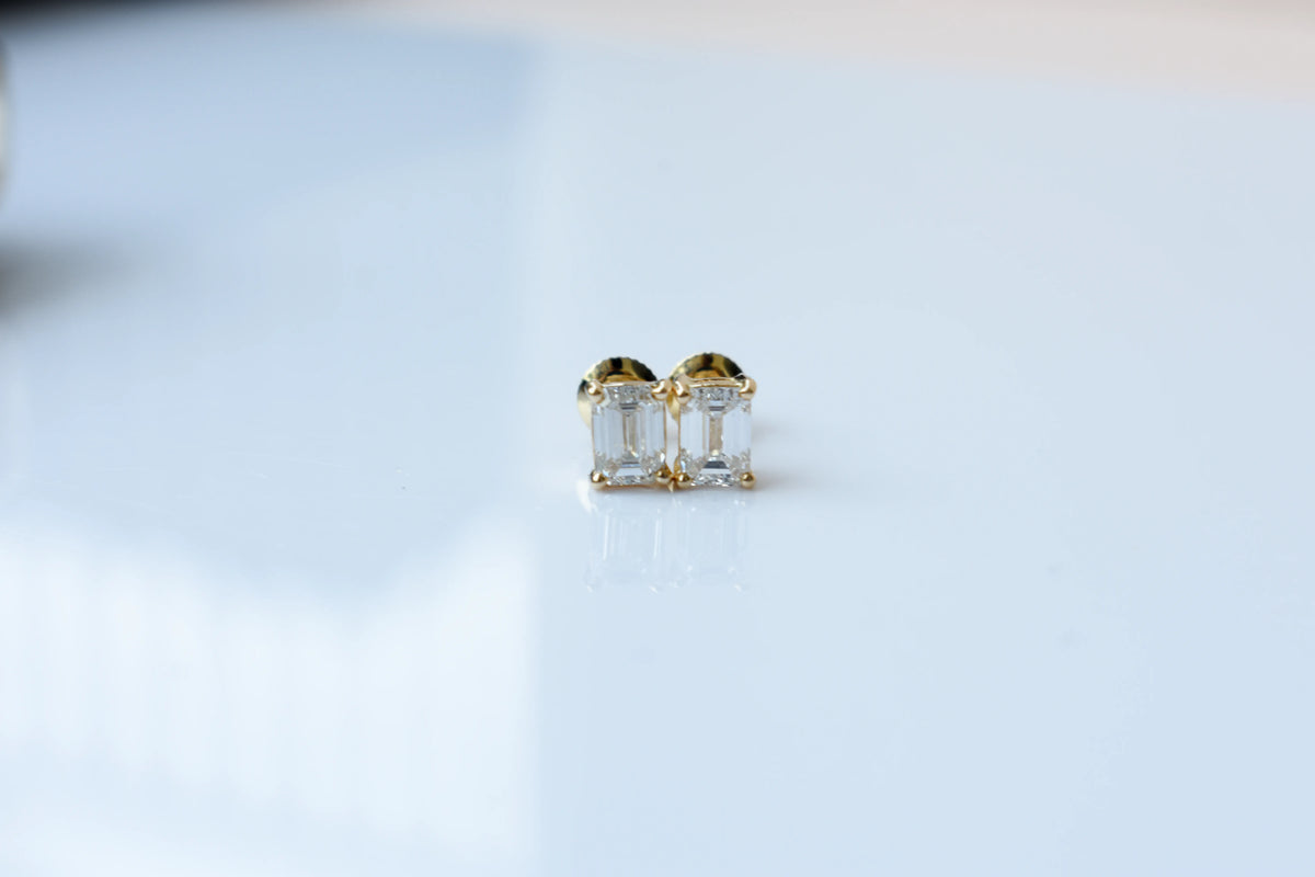 14K Yellow Gold Emerald Cut Lab Diamond Studs 0.86 CTW 4 Prong Basket Screw Back