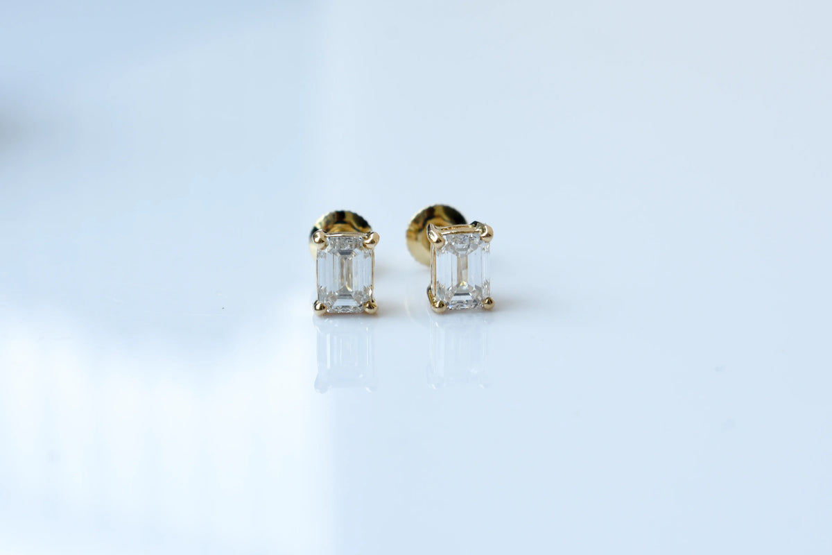 14K Yellow Gold Emerald Cut Lab Diamond Studs 0.86 CTW 4 Prong Basket Screw Back