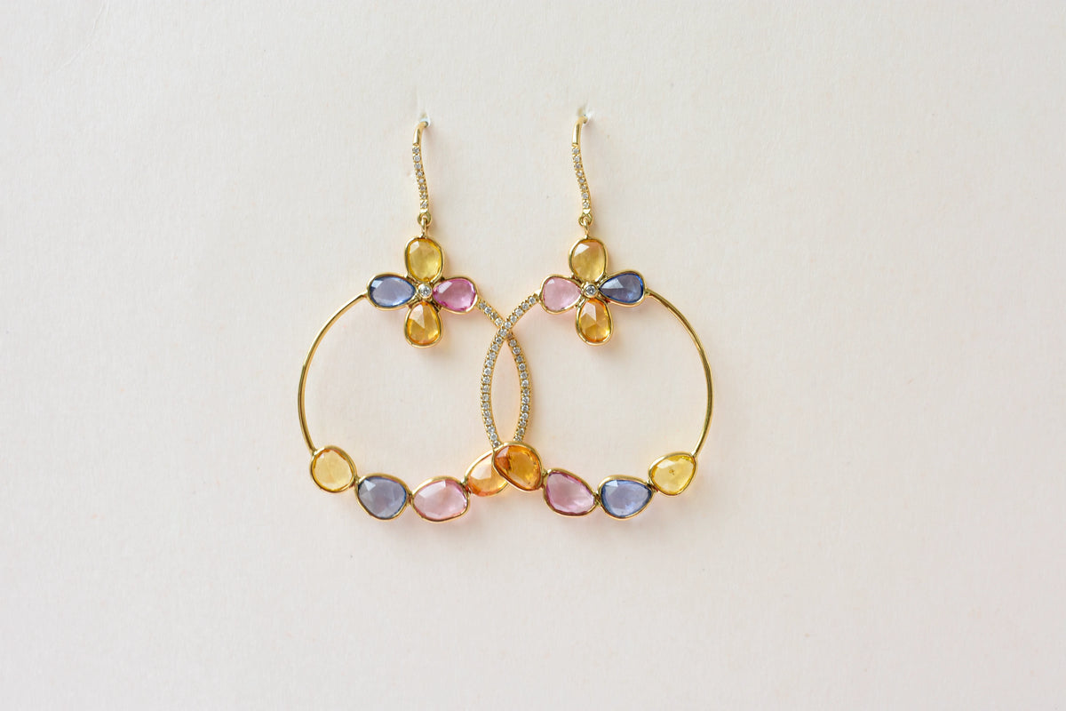 18K gold hoop earrings with sapphire, citrine and diamond flower