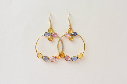 18K gold hoop earrings with sapphire, citrine and diamond flower