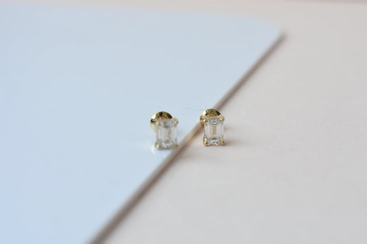 14K Yellow Gold Emerald Cut Lab Diamond Studs 0.86 CTW 4 Prong Basket Screw Back