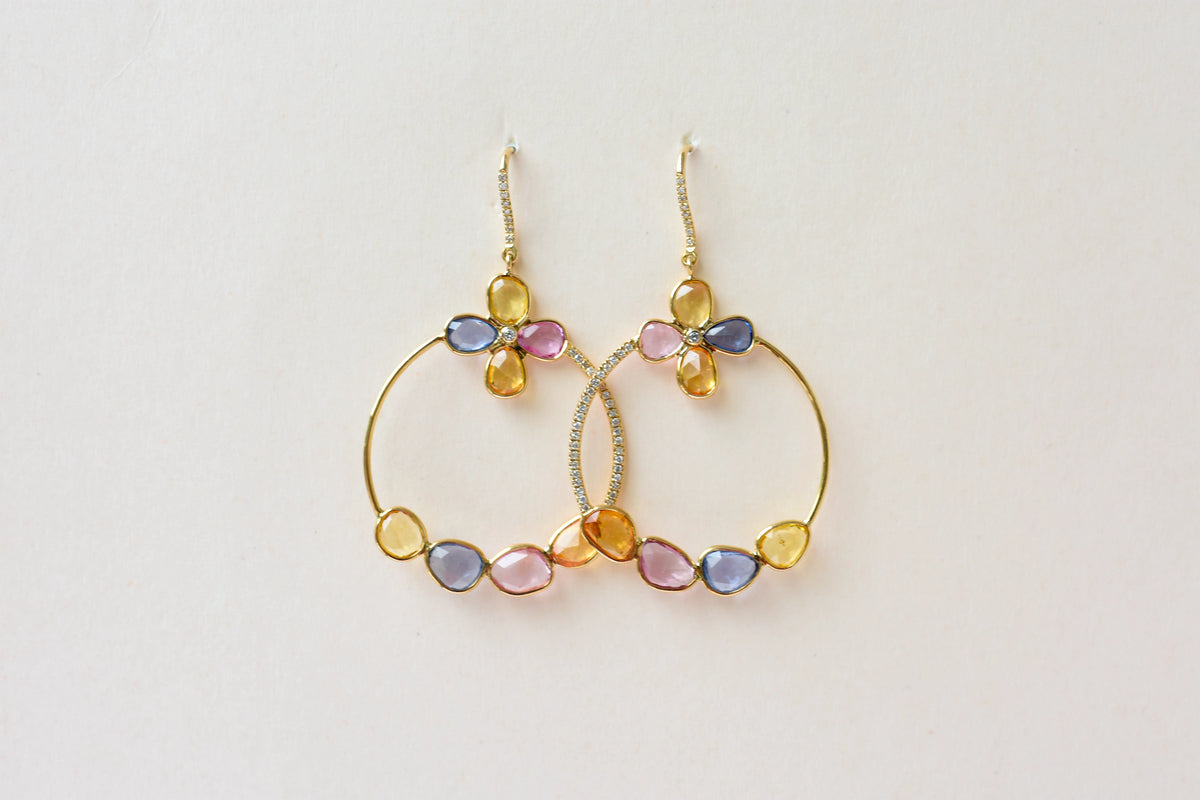 18K gold hoop earrings with sapphire, citrine and diamond flower