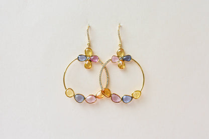 18K gold hoop earrings with sapphire, citrine and diamond flower