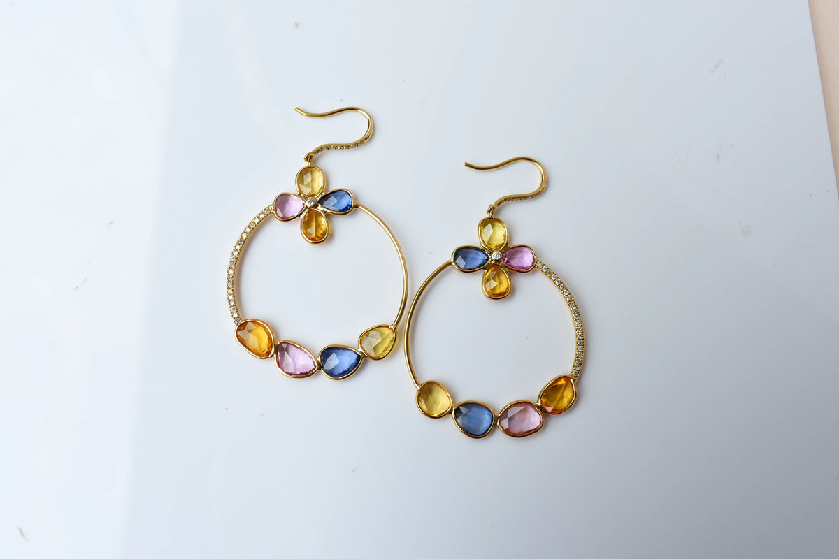 18K gold hoop earrings with sapphire, citrine and diamond flower