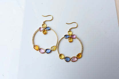 18K gold hoop earrings with sapphire, citrine and diamond flower