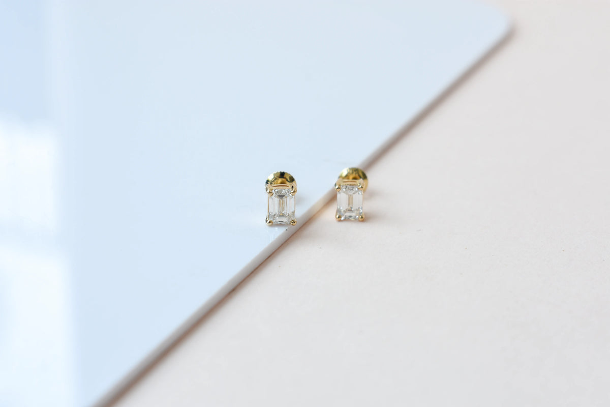 14K Yellow Gold Emerald Cut Lab Diamond Studs 0.86 CTW 4 Prong Basket Screw Back