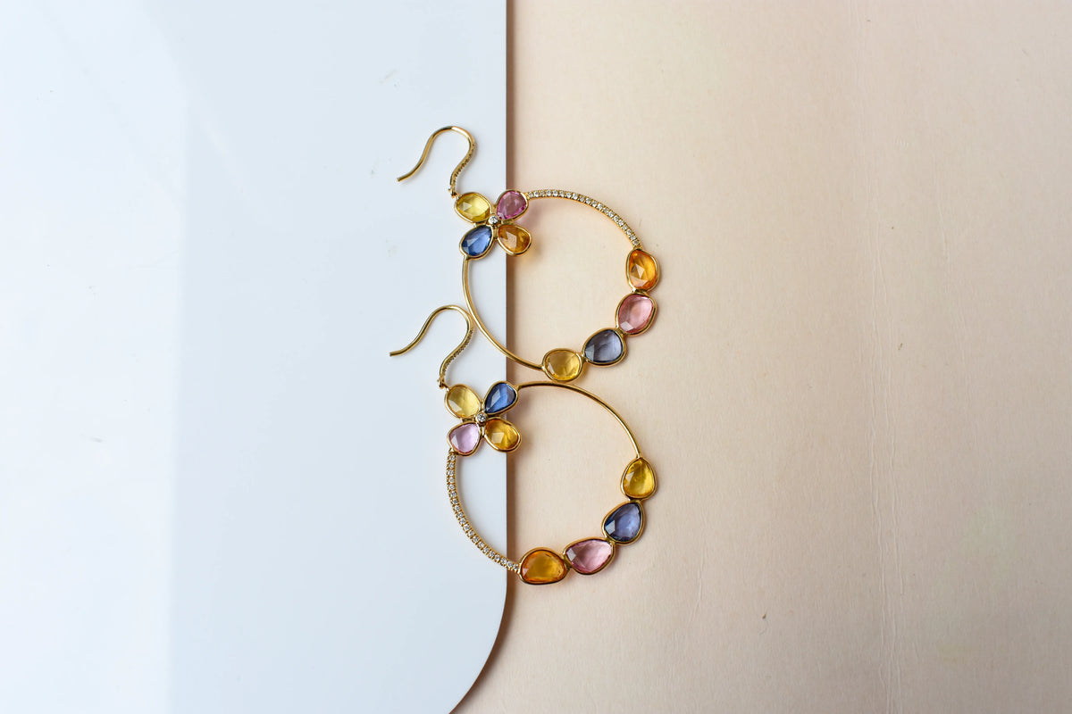18K gold hoop earrings with sapphire, citrine and diamond flower