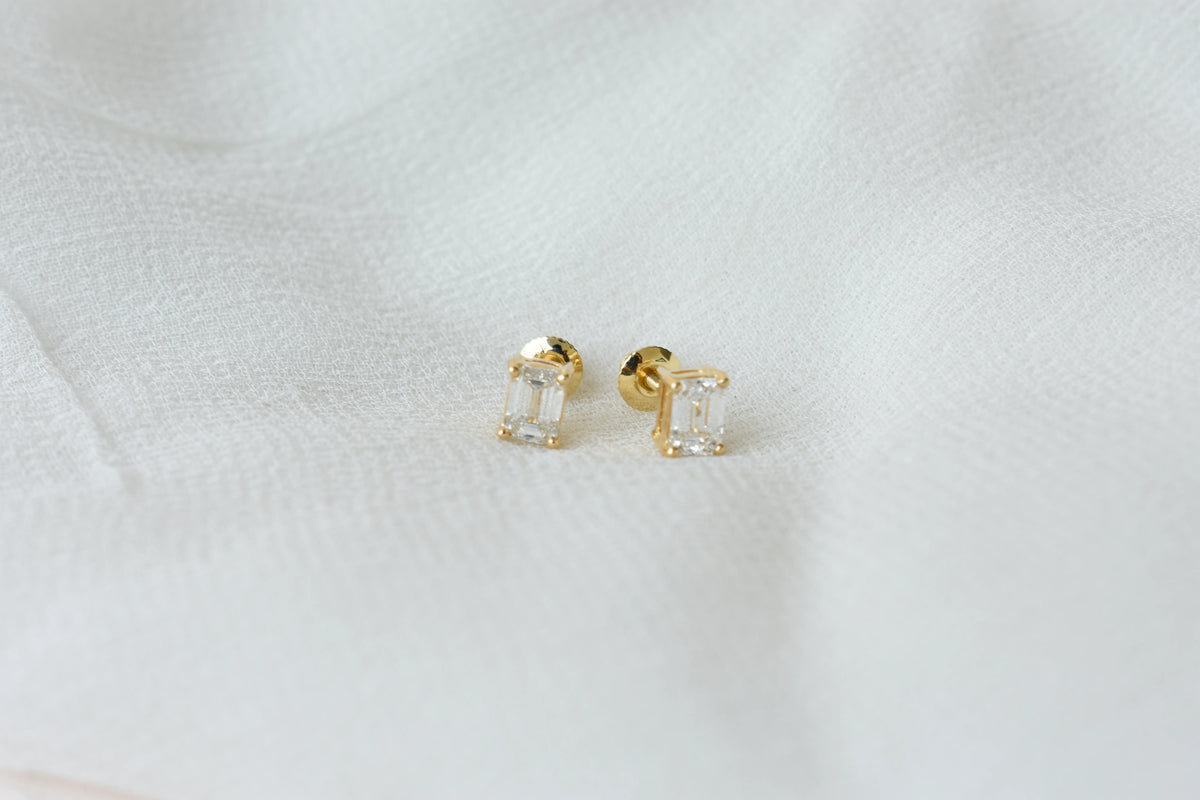14K Yellow Gold Emerald Cut Lab Diamond Studs 0.86 CTW 4 Prong Basket Screw Back