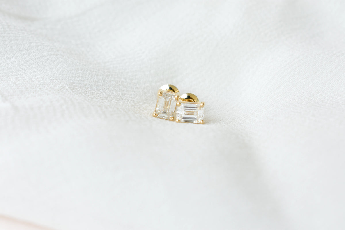14K Yellow Gold Emerald Cut Lab Diamond Studs 0.86 CTW 4 Prong Basket Screw Back