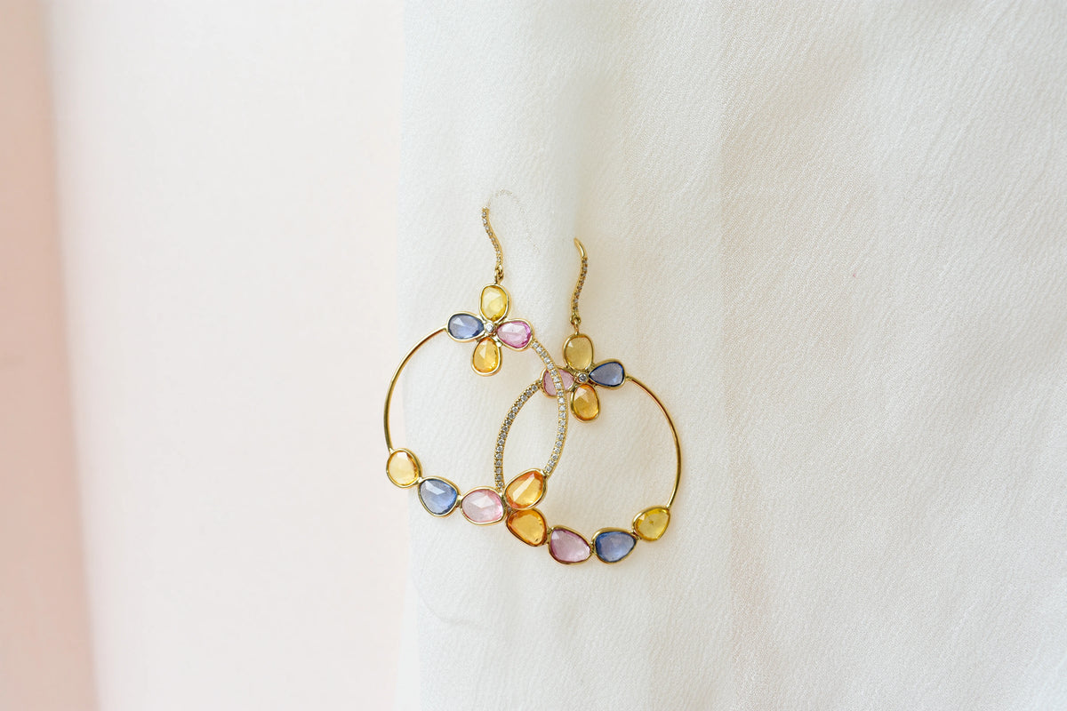 18K gold hoop earrings with sapphire, citrine and diamond flower