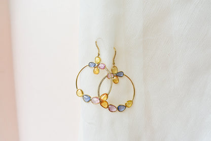 18K gold hoop earrings with sapphire, citrine and diamond flower