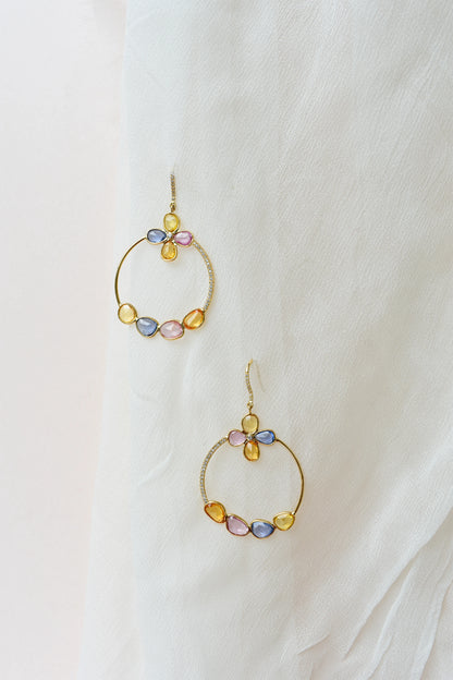 18K gold hoop earrings with sapphire, citrine and diamond flower