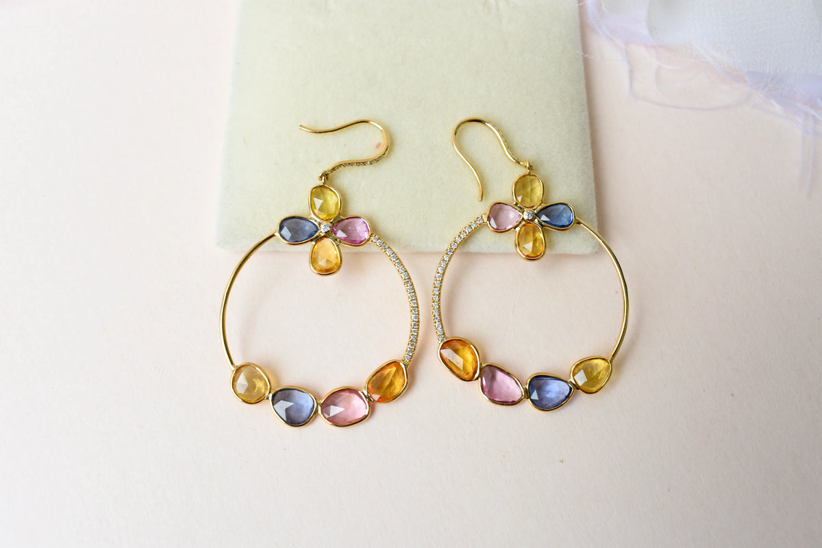 18K gold hoop earrings with sapphire, citrine and diamond flower