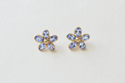 Natural Tanzanite Flower Stud Earrings, 18K Solid Yellow Gold, 5.13 Ct Oval Bezel Studs, Daisy Earrings, December Birthstone Gift for Her