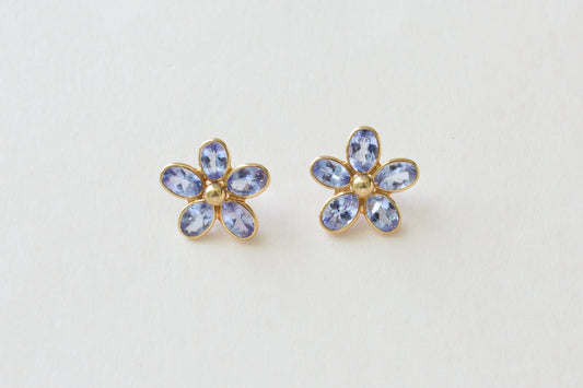Natural Tanzanite Flower Stud Earrings, 18K Solid Yellow Gold, 5.13 Ct Oval Bezel Studs, Daisy Earrings, December Birthstone Gift for Her