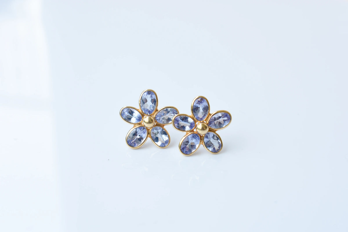Natural Tanzanite Flower Stud Earrings, 18K Solid Yellow Gold, 5.13 Ct Oval Bezel Studs, Daisy Earrings, December Birthstone Gift for Her