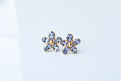 Natural Tanzanite Flower Stud Earrings, 18K Solid Yellow Gold, 5.13 Ct Oval Bezel Studs, Daisy Earrings, December Birthstone Gift for Her