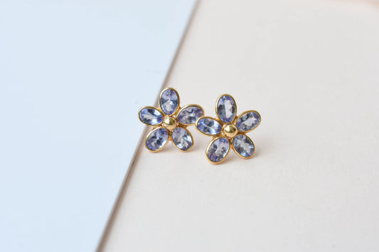 Natural Tanzanite Flower Stud Earrings, 18K Solid Yellow Gold, 5.13 Ct Oval Bezel Studs, Daisy Earrings, December Birthstone Gift for Her