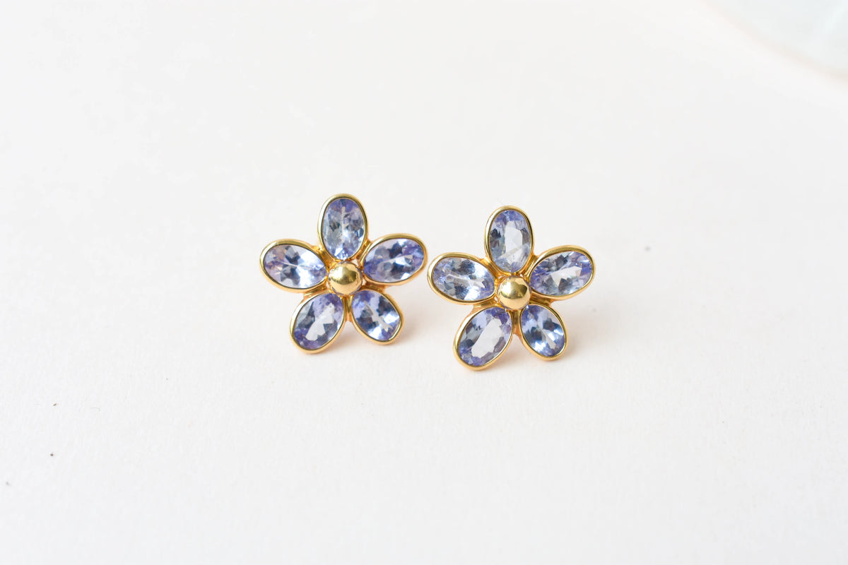 Natural Tanzanite Flower Stud Earrings, 18K Solid Yellow Gold, 5.13 Ct Oval Bezel Studs, Daisy Earrings, December Birthstone Gift for Her