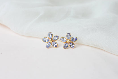 Natural Tanzanite Flower Stud Earrings, 18K Solid Yellow Gold, 5.13 Ct Oval Bezel Studs, Daisy Earrings, December Birthstone Gift for Her