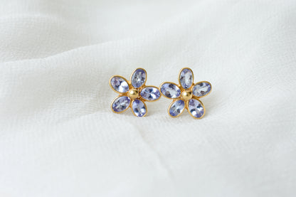 Natural Tanzanite Flower Stud Earrings, 18K Solid Yellow Gold, 5.13 Ct Oval Bezel Studs, Daisy Earrings, December Birthstone Gift for Her