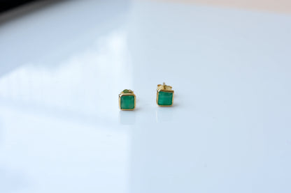 Natural Emerald Stud Earrings, 18K Solid Yellow Gold, 0.90 Ct Square Bezel Studs, Minimalist Green Gemstone Earrings, May Birthstone Gift