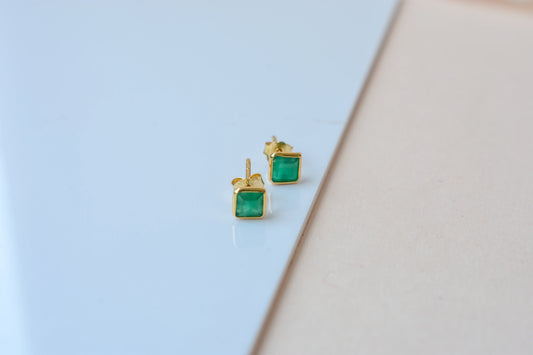 Natural Emerald Stud Earrings, 18K Solid Yellow Gold, 0.90 Ct Square Bezel Studs, Minimalist Green Gemstone Earrings, May Birthstone Gift