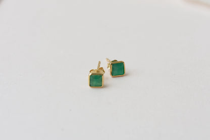 Natural Emerald Stud Earrings, 18K Solid Yellow Gold, 0.90 Ct Square Bezel Studs, Minimalist Green Gemstone Earrings, May Birthstone Gift