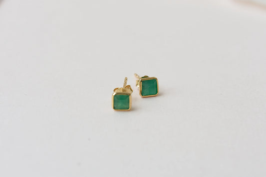 Natural Emerald Stud Earrings, 18K Solid Yellow Gold, 0.90 Ct Square Bezel Studs, Minimalist Green Gemstone Earrings, May Birthstone Gift