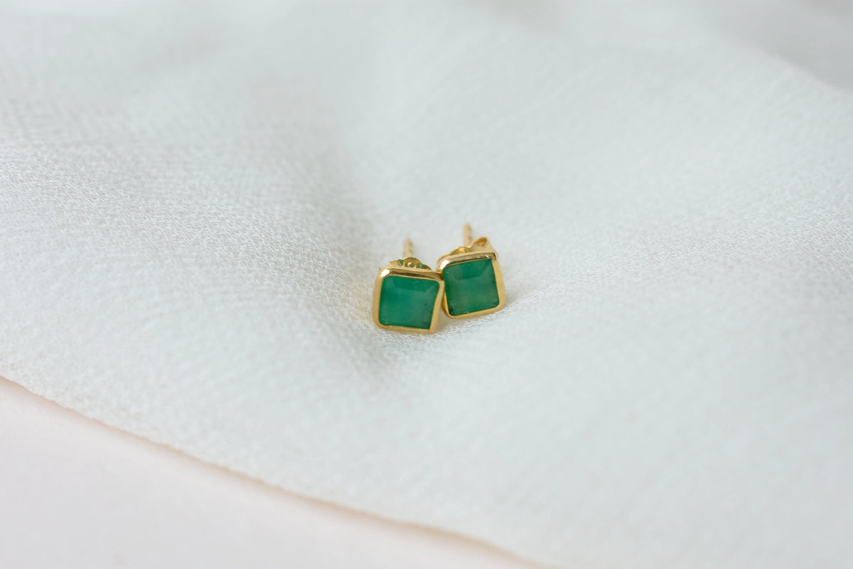 Natural Emerald Stud Earrings, 18K Solid Yellow Gold, 0.90 Ct Square Bezel Studs, Minimalist Green Gemstone Earrings, May Birthstone Gift