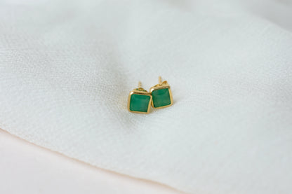 Natural Emerald Stud Earrings, 18K Solid Yellow Gold, 0.90 Ct Square Bezel Studs, Minimalist Green Gemstone Earrings, May Birthstone Gift