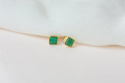 Natural Emerald Stud Earrings, 18K Solid Yellow Gold, 0.90 Ct Square Bezel Studs, Minimalist Green Gemstone Earrings, May Birthstone Gift
