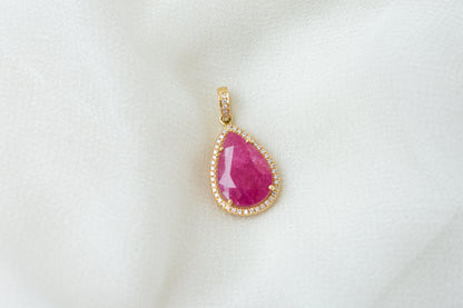 18K gold pendant with large rose-cut pear ruby and diamond halo