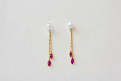 Pearl Ruby Drop Earrings, 18K Solid Yellow Gold, Marquise Ruby Chain Dangles with Diamond, Pearl Stud Tassel Earrings, July Birthstone Gift