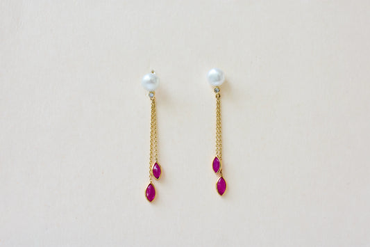 Pearl Ruby Drop Earrings, 18K Solid Yellow Gold, Marquise Ruby Chain Dangles with Diamond, Pearl Stud Tassel Earrings, July Birthstone Gift