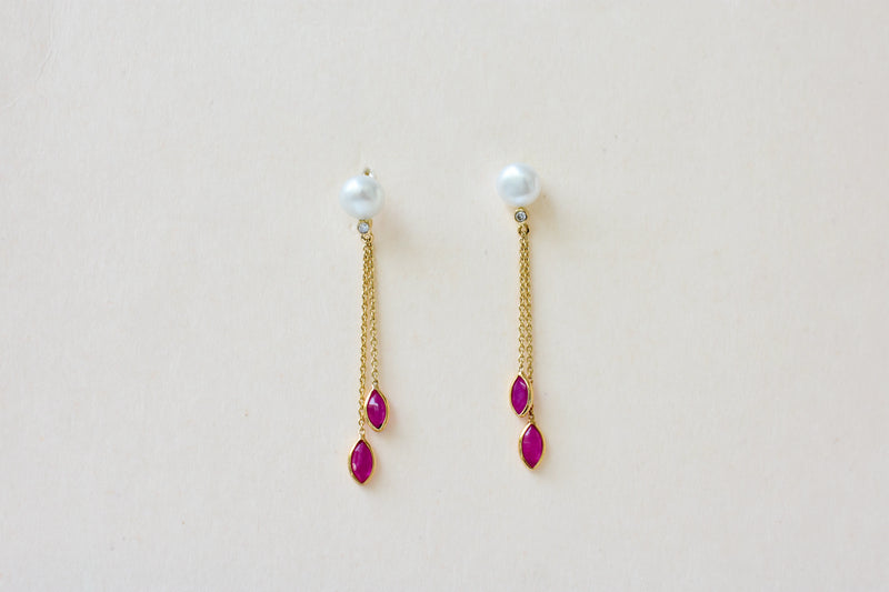 Pearl Ruby Drop Earrings, 18K Solid Yellow Gold, Marquise Ruby Chain Dangles with Diamond, Pearl Stud Tassel Earrings, July Birthstone Gift