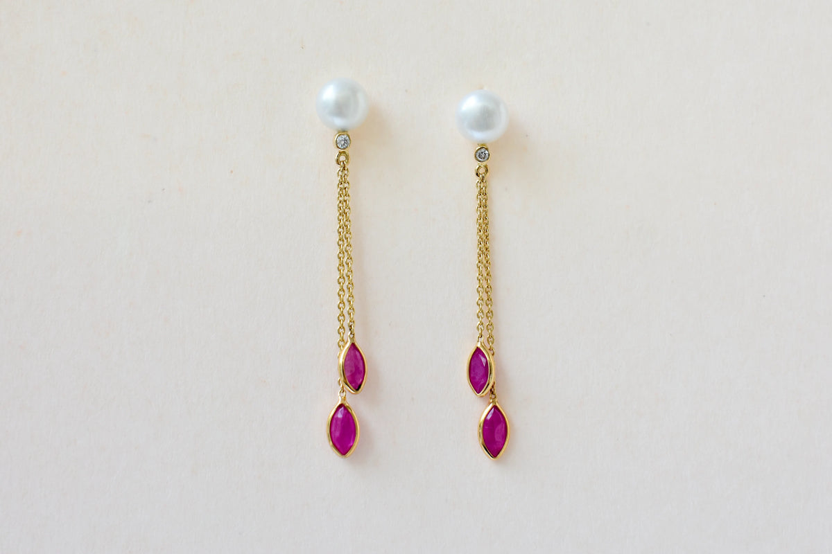 Pearl Ruby Drop Earrings, 18K Solid Yellow Gold, Marquise Ruby Chain Dangles with Diamond, Pearl Stud Tassel Earrings, July Birthstone Gift