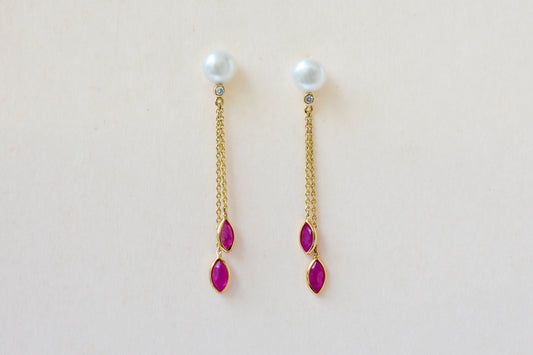 Pearl Ruby Drop Earrings, 18K Solid Yellow Gold, Marquise Ruby Chain Dangles with Diamond, Pearl Stud Tassel Earrings, July Birthstone Gift
