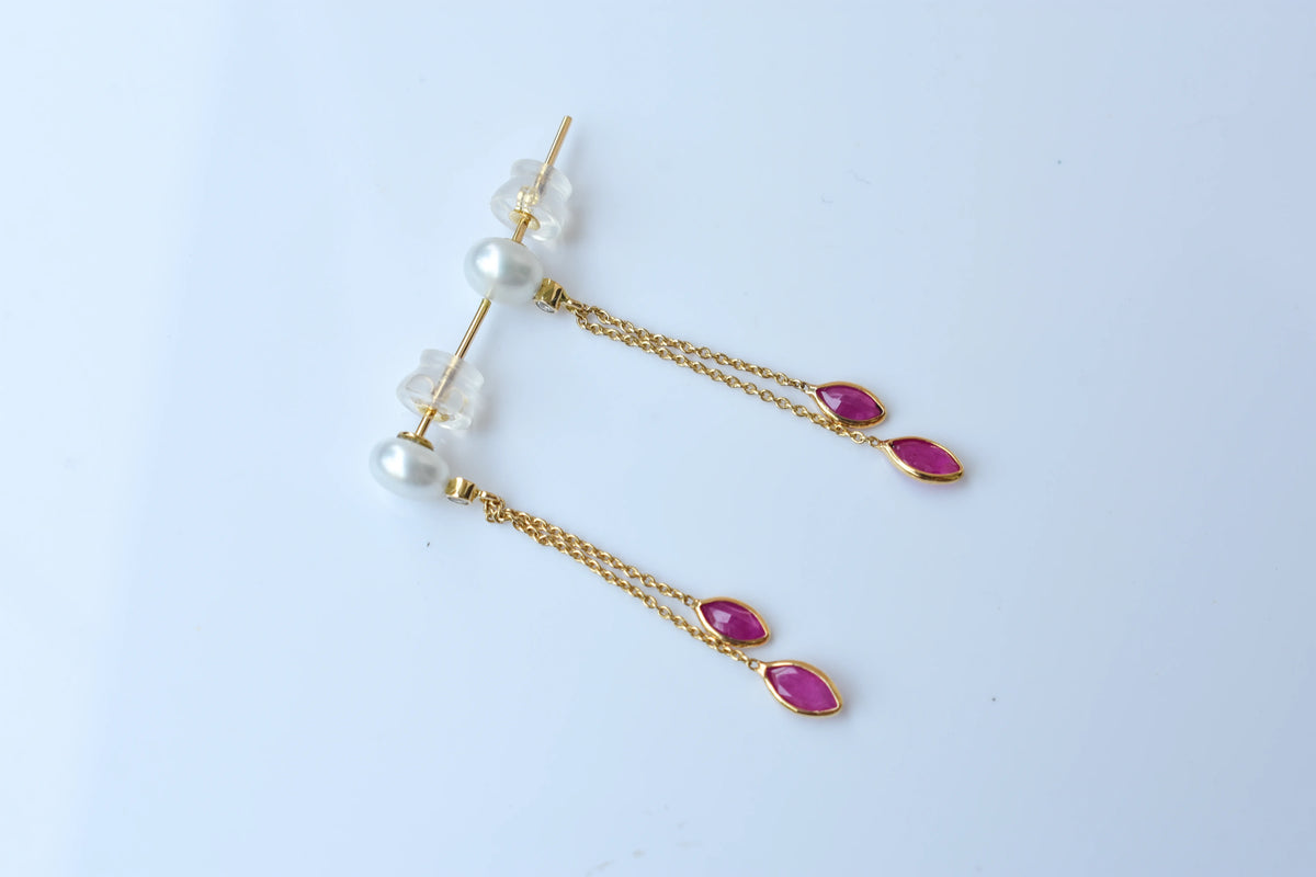 Pearl Ruby Drop Earrings, 18K Solid Yellow Gold, Marquise Ruby Chain Dangles with Diamond, Pearl Stud Tassel Earrings, July Birthstone Gift