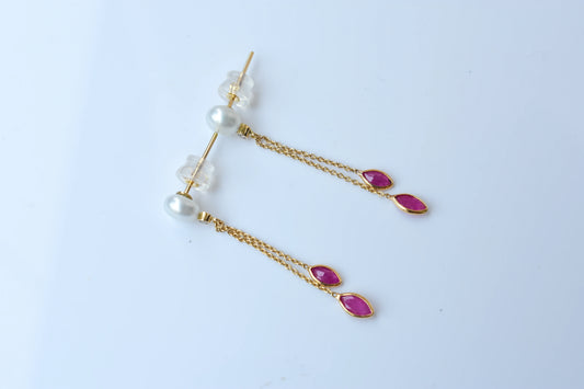 Pearl Ruby Drop Earrings, 18K Solid Yellow Gold, Marquise Ruby Chain Dangles with Diamond, Pearl Stud Tassel Earrings, July Birthstone Gift